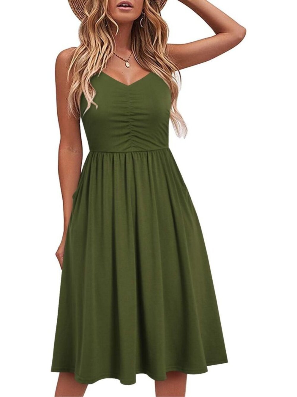 Women's Army Green Floral Sleeveless V Neck A LINE Spaghetti Pockets MIDI Dress